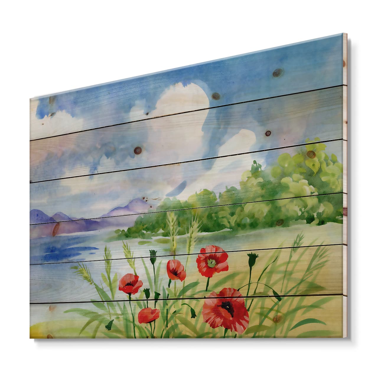 Designart - Red Tulips On The Bank Near A Mountain River - Lake House Print on Natural Pine Wood